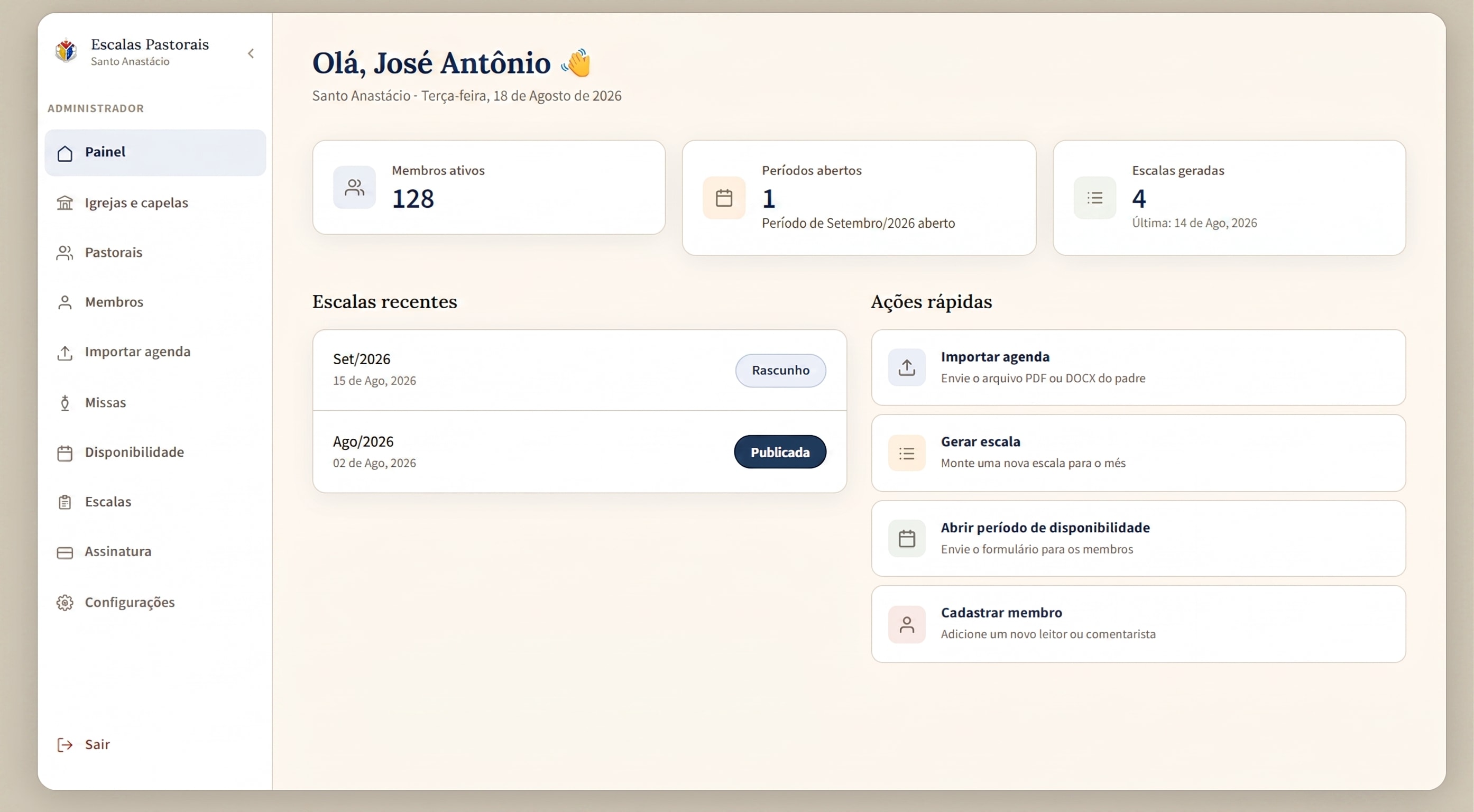 Painel do Vocare Ordo mostrando membros ativos, escalas recentes e ações rápidas